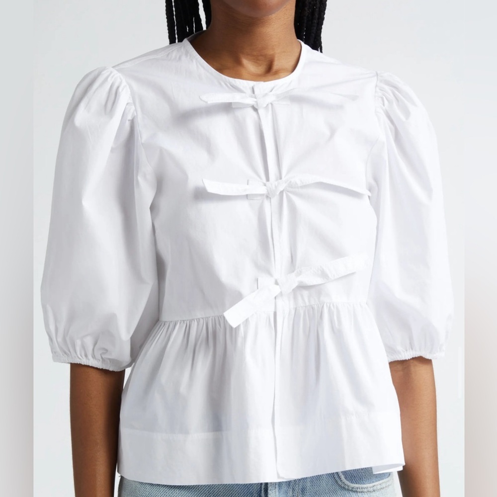 Ganni Puff Sleeve Organic Cotton Poplin Peplum Blouse | SZ 10/12 (EU 42)